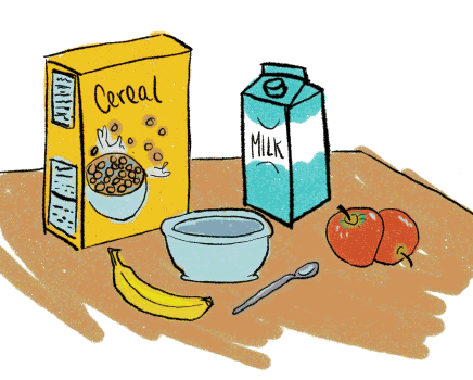 [image: cereal box, bowl, milk jug, spoon, fruit (apple+banana), all on a table]