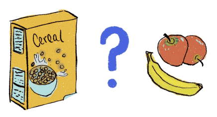 [image: cereal box and fruit, with big question mark between them]